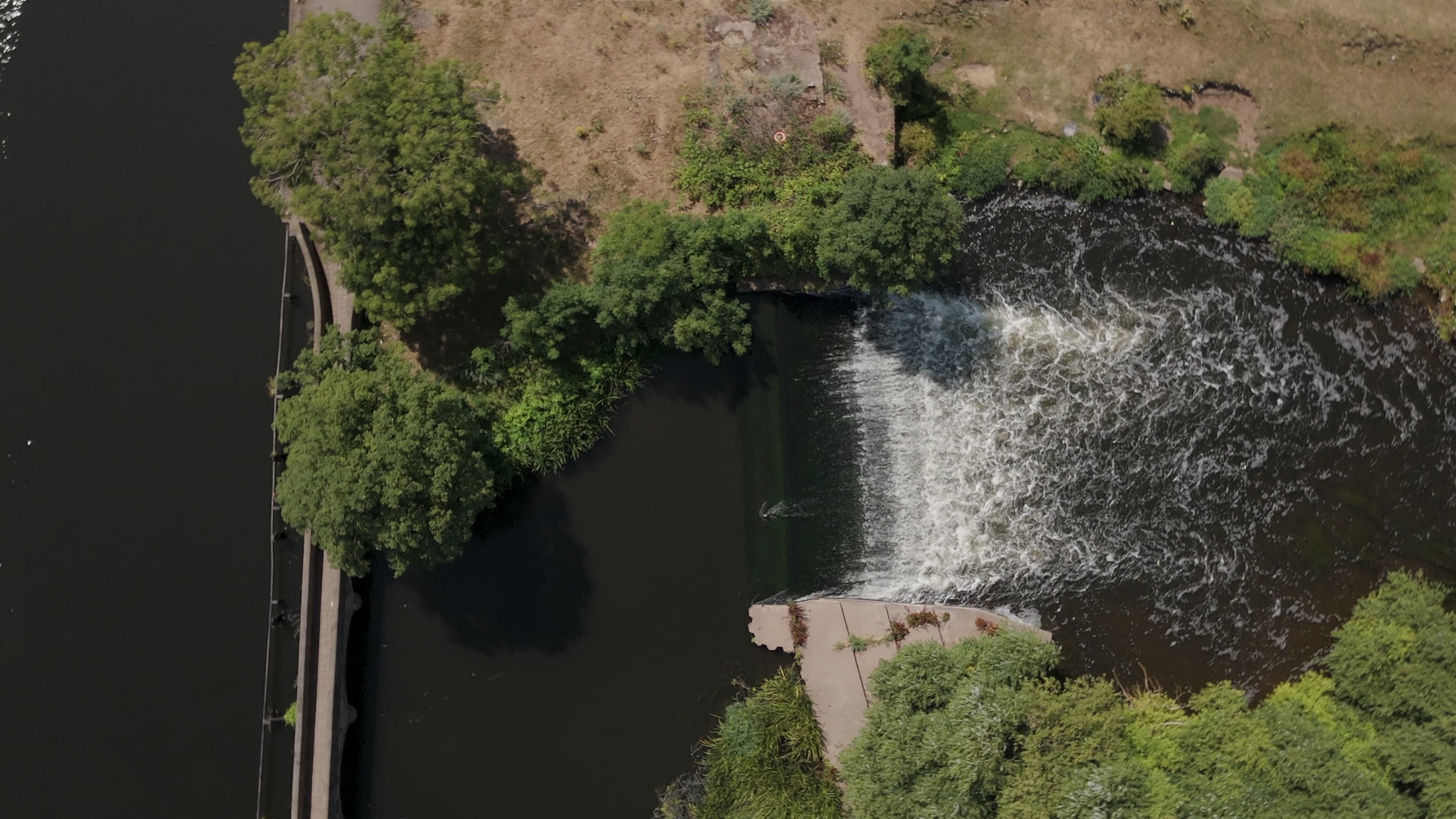 Aerial view of Newark Weir on the River Trent from the film Stone & Current